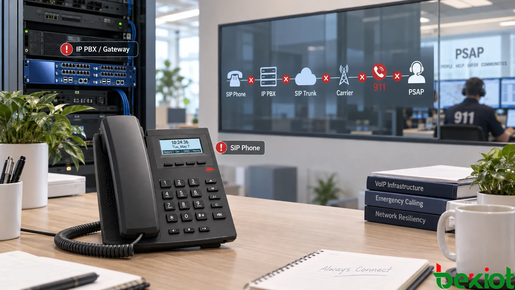 Chemin de bout en bout d’un appel d’urgence VoIP depuis un téléphone SIP, le réseau d’entreprise, l’IP PBX et le trunk SIP, via l’opérateur et le routage 911 jusqu’à un PSAP, montrant des domaines de panne distincts pour le site local, l’opérateur et les services d’urgence