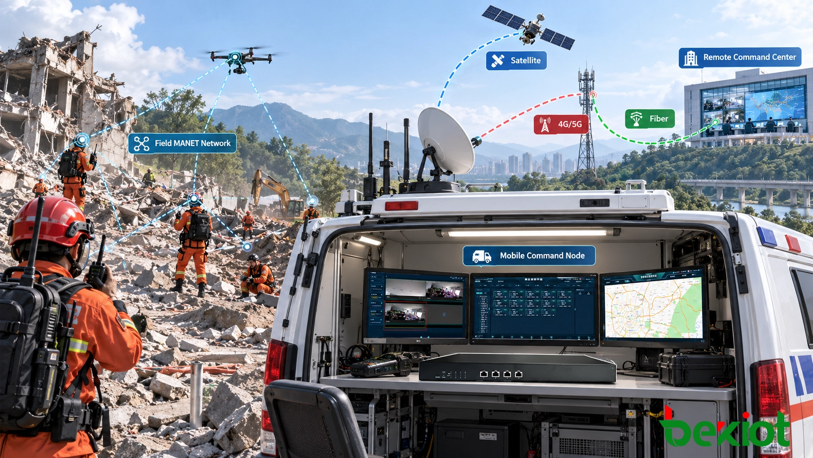 Un réseau MANET de terrain connecte des radios portatives, des véhicules, des caméras et des UAV à un nœud de commandement mobile, avec un backhaul séparé 4G, 5G ou satellite reliant le réseau de terrain à un centre de commandement distant