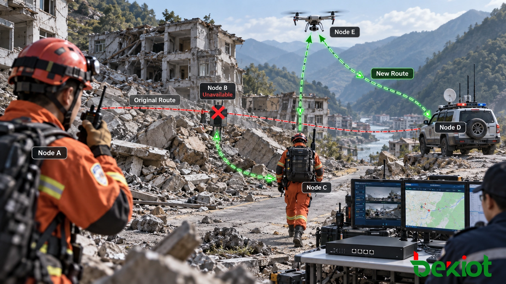 Un réseau radio MANET réachemine dynamiquement le trafic lorsqu’un nœud mobile se déplace ou qu’une liaison sans fil devient indisponible, en utilisant des chemins multi-sauts alternatifs entre les utilisateurs de terrain et les nœuds de commandement