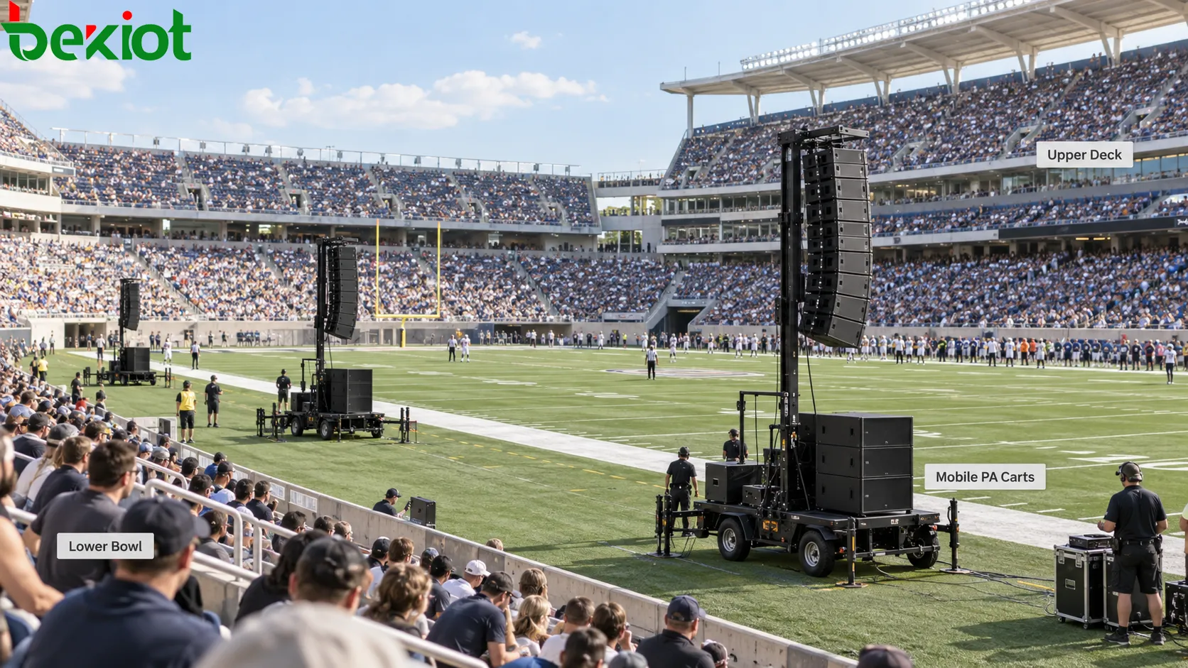 Sonorisation temporaire du Super Bowl utilisant des chariots mobiles avec line arrays et caissons de graves disposés autour d’un terrain à ciel ouvert pour couvrir les gradins inférieurs et supérieurs