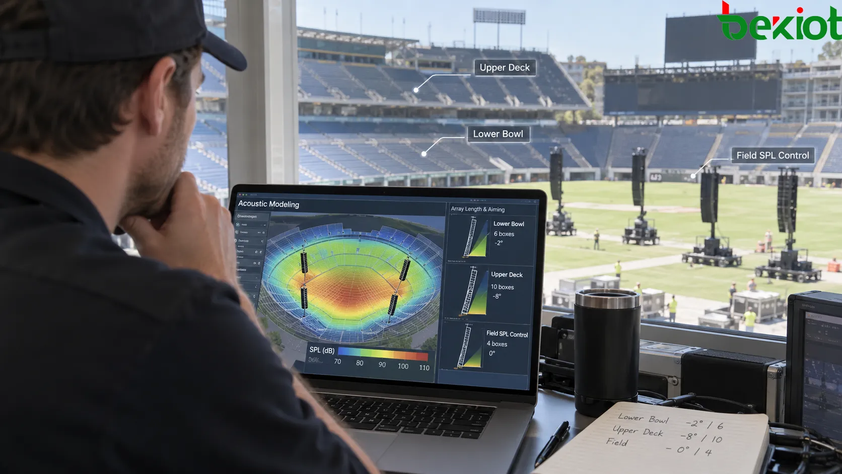 Sonorisation temporaire de stade utilisant la modélisation acoustique pour ajuster la longueur et le pointage vertical de line arrays mobiles pour les gradins inférieurs, les tribunes supérieures et les sièges éloignés tout en limitant le SPL excessif sur le terrain