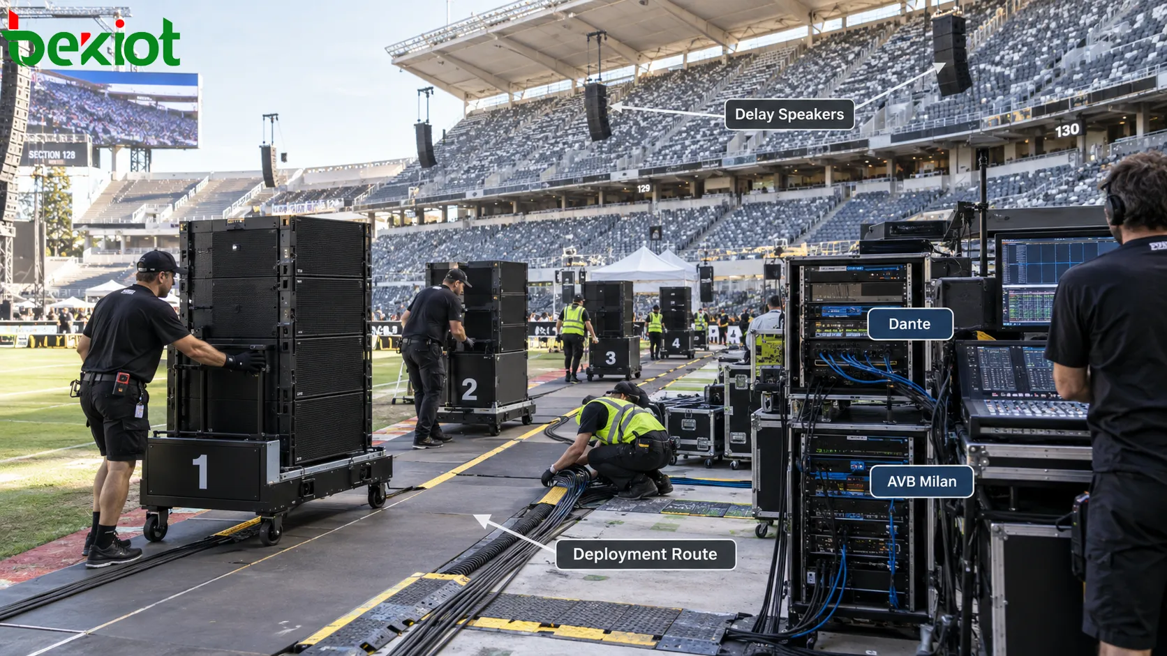 Sonorisation mobile pour grand événement utilisant l’audio en réseau Dante et AVB Milan pour connecter les chariots temporaires, les contrôleurs amplifiés, les consoles de mixage et les enceintes de délai installées dans le stade, selon des itinéraires prédéfinis de déploiement et de retrait rapides
