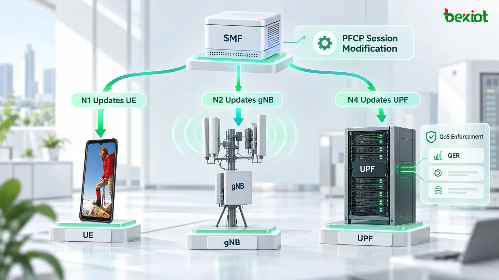 Modification de session PDU 5GC utilisant N1 pour mettre à jour les paramètres QoS de l’UE, N2 pour modifier les ressources de flux QoS du gNB et N4 PFCP Session Modification pour mettre à jour le QER et les autres règles d’application du plan utilisateur dans l’UPF
