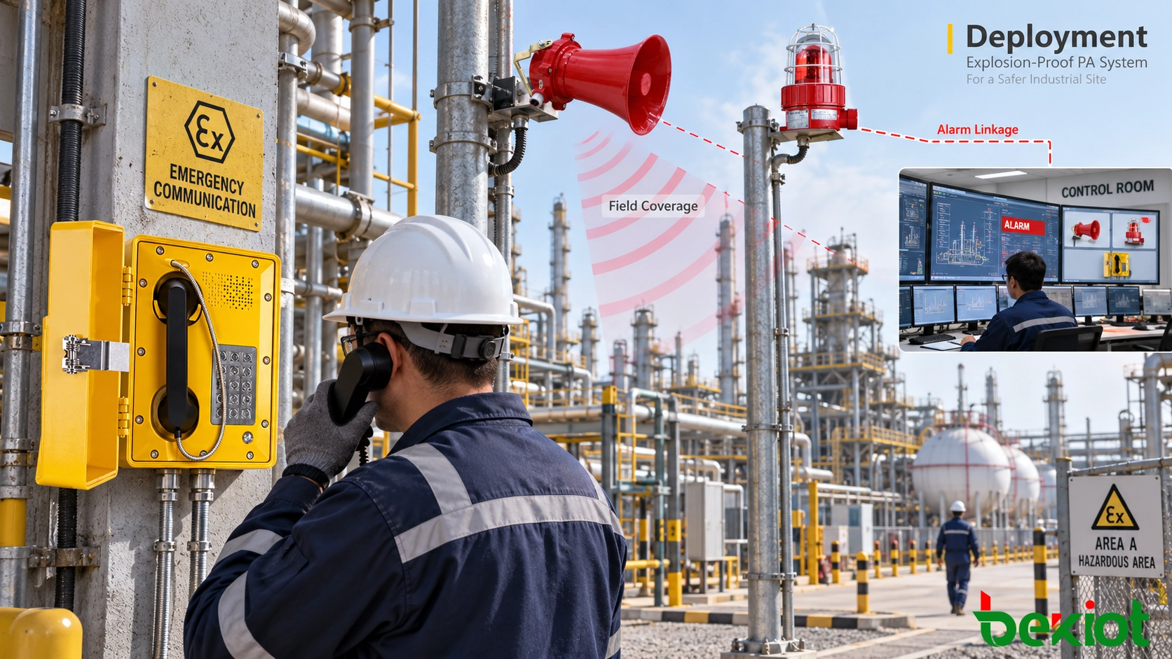 Flux d’ingénierie d’un système PA antidéflagrant couvrant la sélection des équipements pour zones dangereuses, l’implantation sur site, l’intégration des alarmes et le déploiement en salle de contrôle