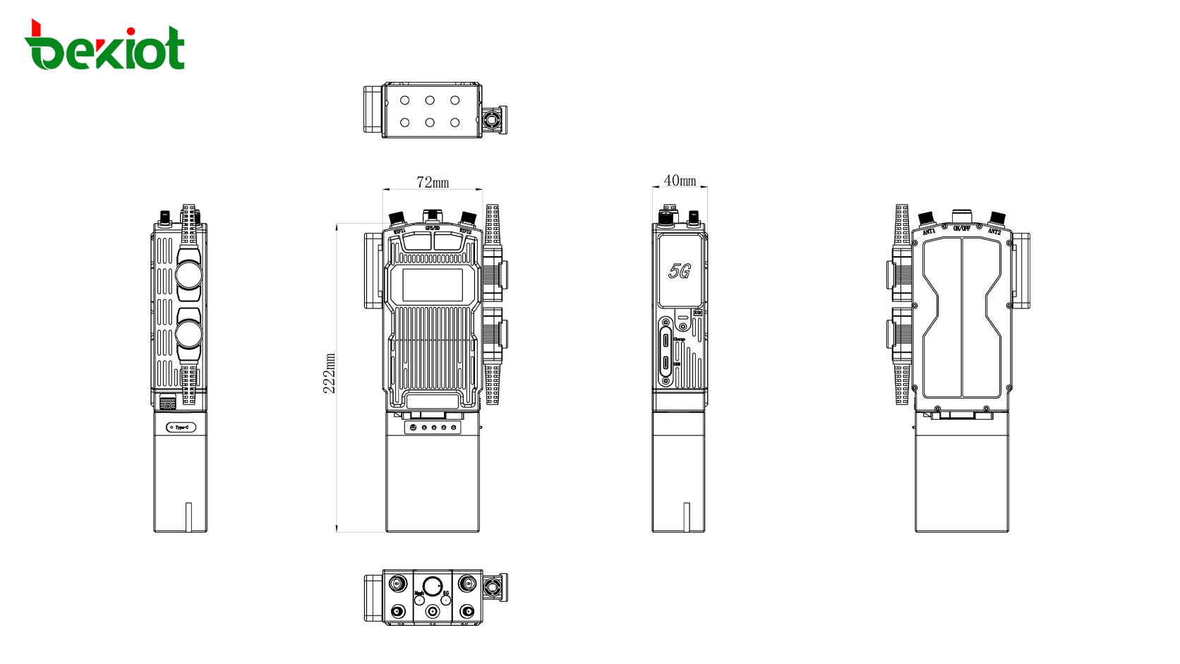 Dimensions de la radio portable SDR MANET MEB82 : 222 × 72 × 40 mm