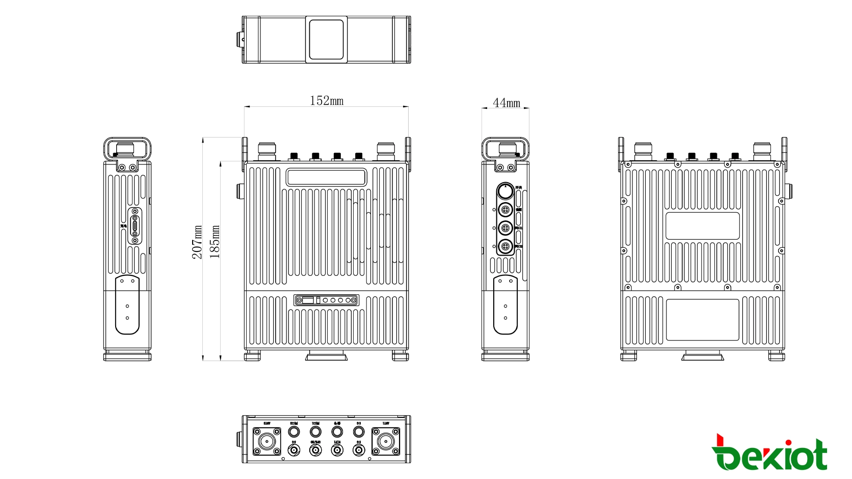 Dimensions de la station de base dorsale SDR MANET MEB92 : 207 × 152 × 44 mm