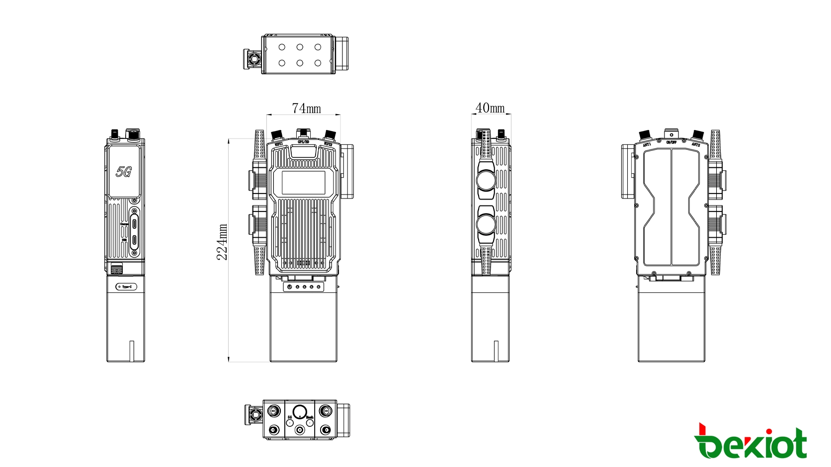 Dimensions de la radio portable SDR MANET MEB83 : 224 × 74 × 40 mm