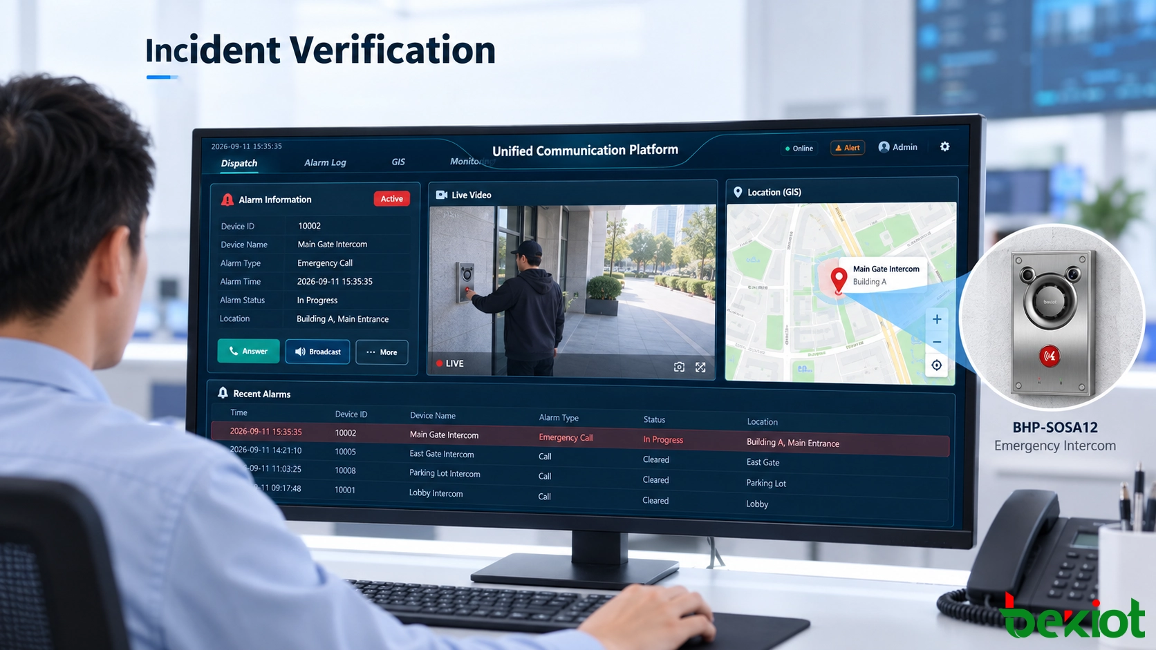 Plateforme de communication d’urgence affichant un appel SOS avec vidéo associée et informations sur l’incident