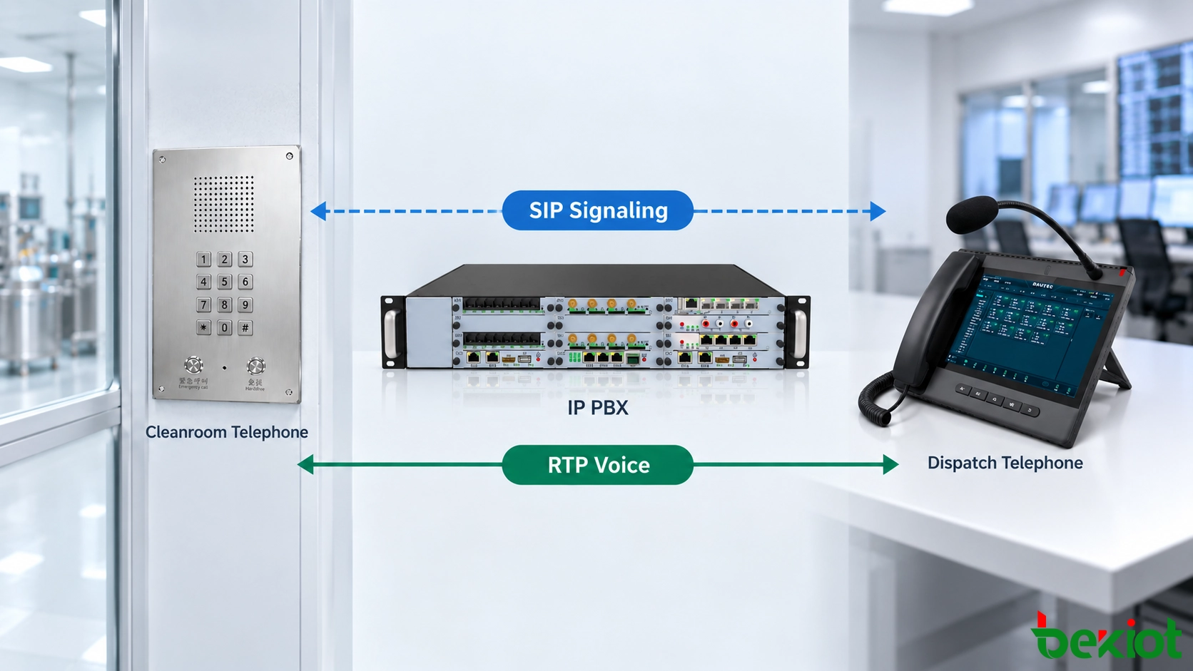 Chemins de signalisation SIP et de médias vocaux RTP entre un téléphone de salle blanche, un IP PBX et un téléphone de répartition