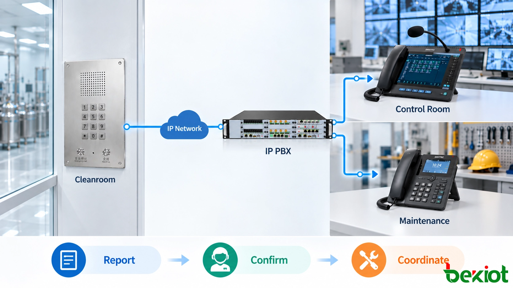 Téléphone SIP de salle blanche communiquant avec la salle de contrôle et la maintenance via l'IP PBX