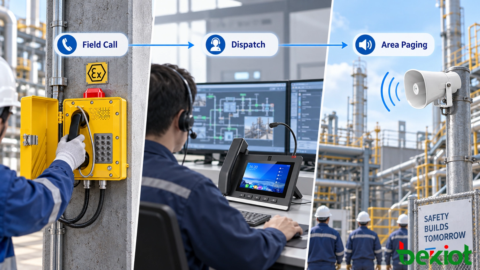Processus de dispatching IP : un opérateur reçoit un appel du terrain et coordonne maintenance, moyens radio et annonces dans les zones concernées