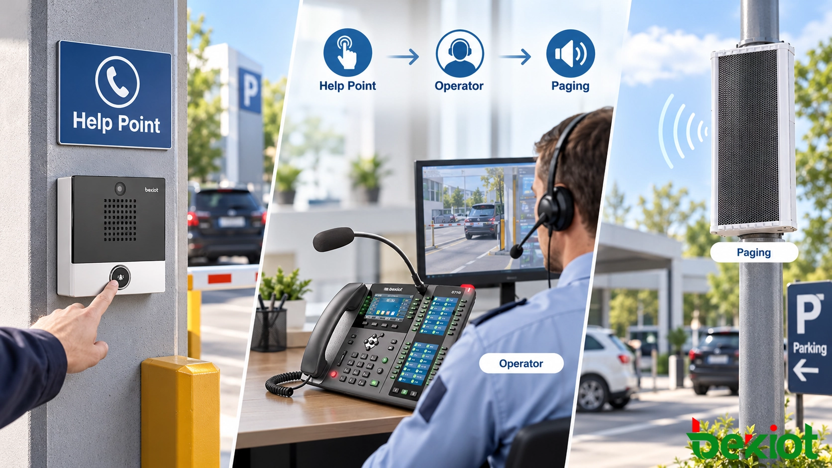 Communication IP sur site : bornes d'appel de parking, interphones d'accès, téléphones industriels et sonorisation SIP par zones reliés au poste de contrôle