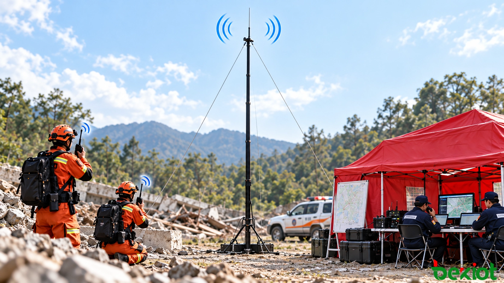 Schéma de communication d’urgence reliant les radios des équipes de terrain à un centre distant par une antenne temporaire surélevée et un poste de commandement