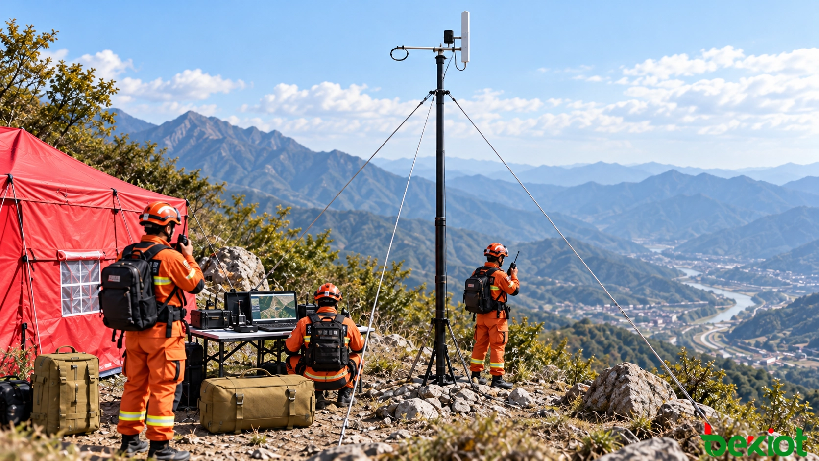 Équipe de secours en montagne utilisant un mât d’antenne portable fixé sur un poste de commandement temporaire