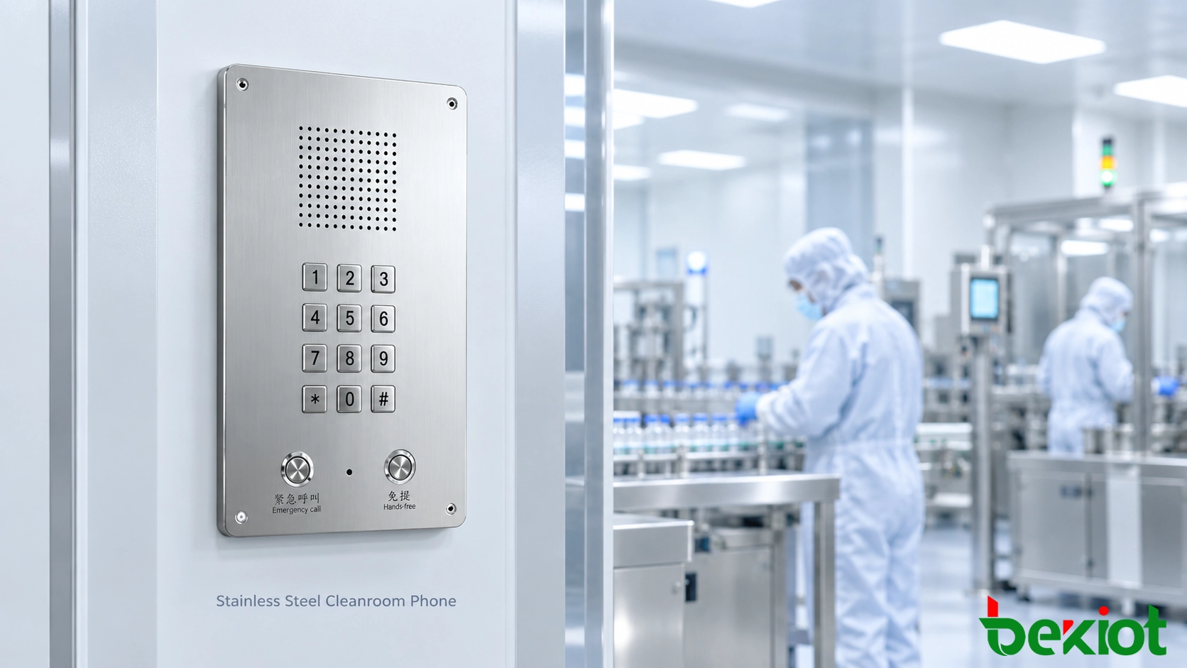 Téléphone de salle blanche en acier inoxydable installé dans une installation pharmaceutique