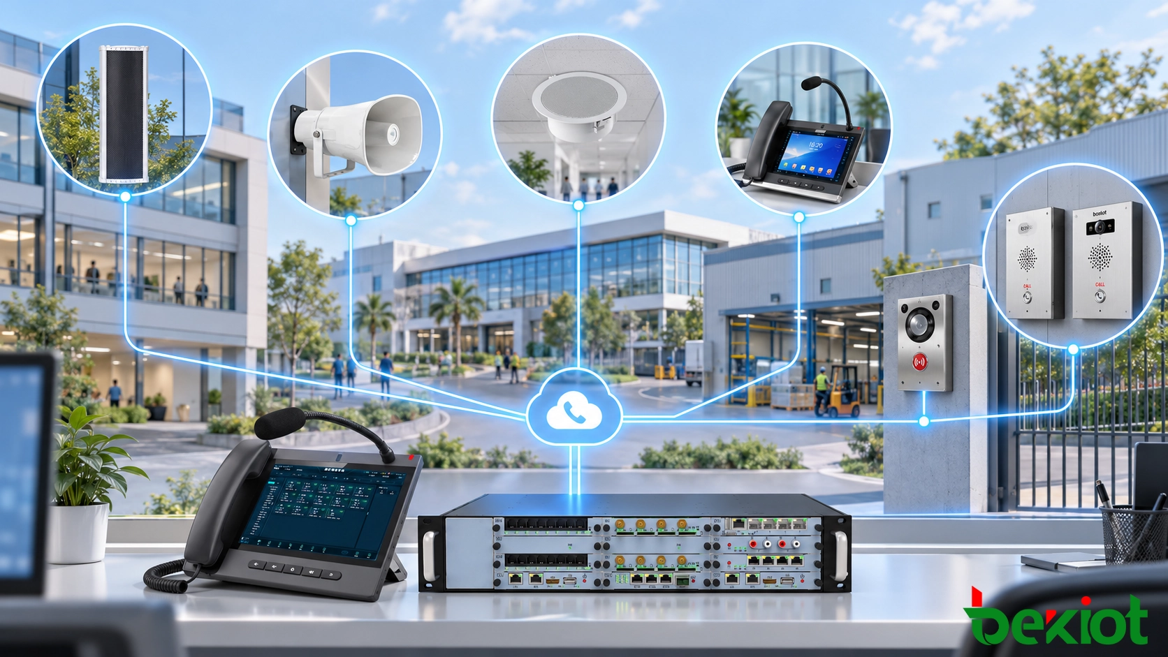 Concept de système de diffusion audio IP reliant une interface de communication centrale aux téléphones, haut-parleurs, dispositifs de supervision et d’alerte