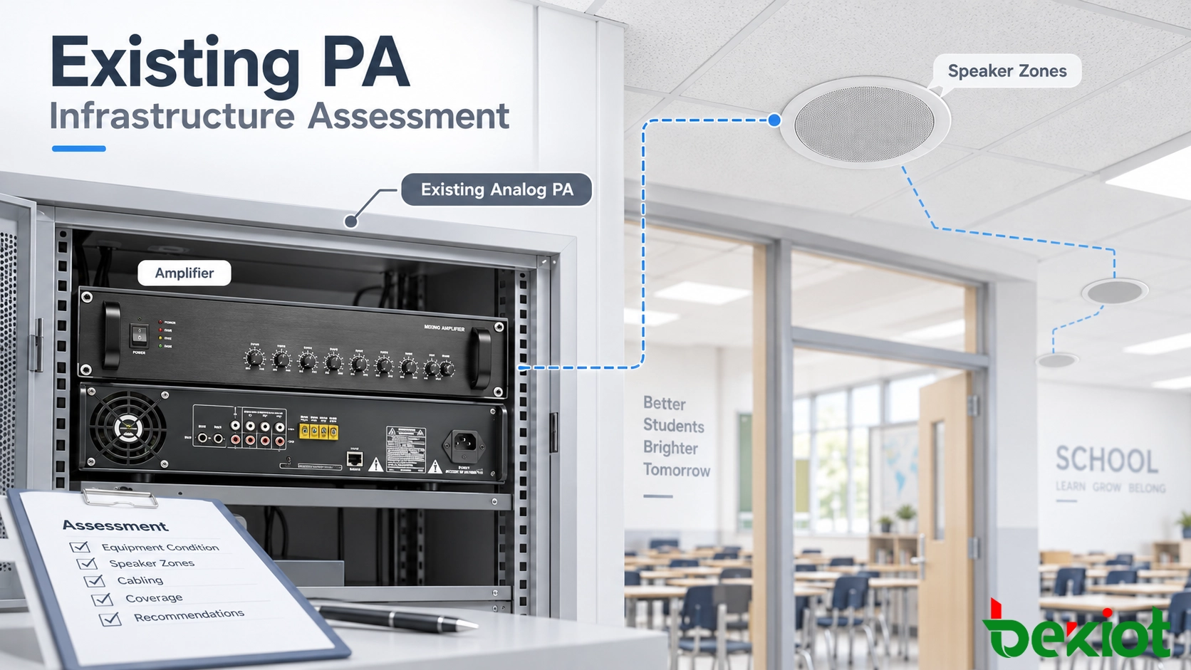 Processus d'évaluation montrant l'infrastructure existante de sonorisation scolaire analogique, l'amplificateur, les zones de haut-parleurs et les futurs points de mise à niveau de communication IP