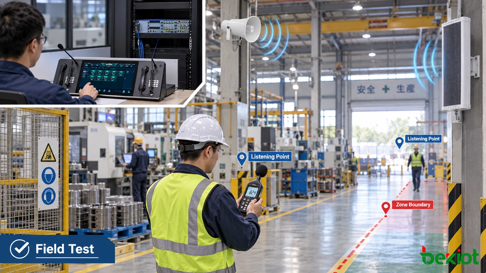 Technicien vérifiant l'audibilité des haut-parleurs de diffusion SIP, l'intelligibilité de la parole et les limites de zone à des points d'écoute industriels