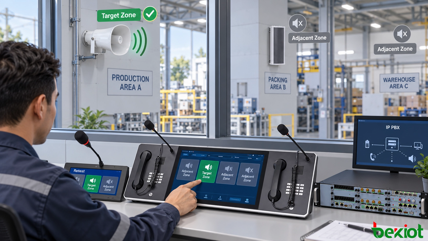 Technicien de salle de contrôle industrielle retestant des zones de paging SIP corrigées avec une console de répartition, des haut-parleurs cornet et une limite de zone