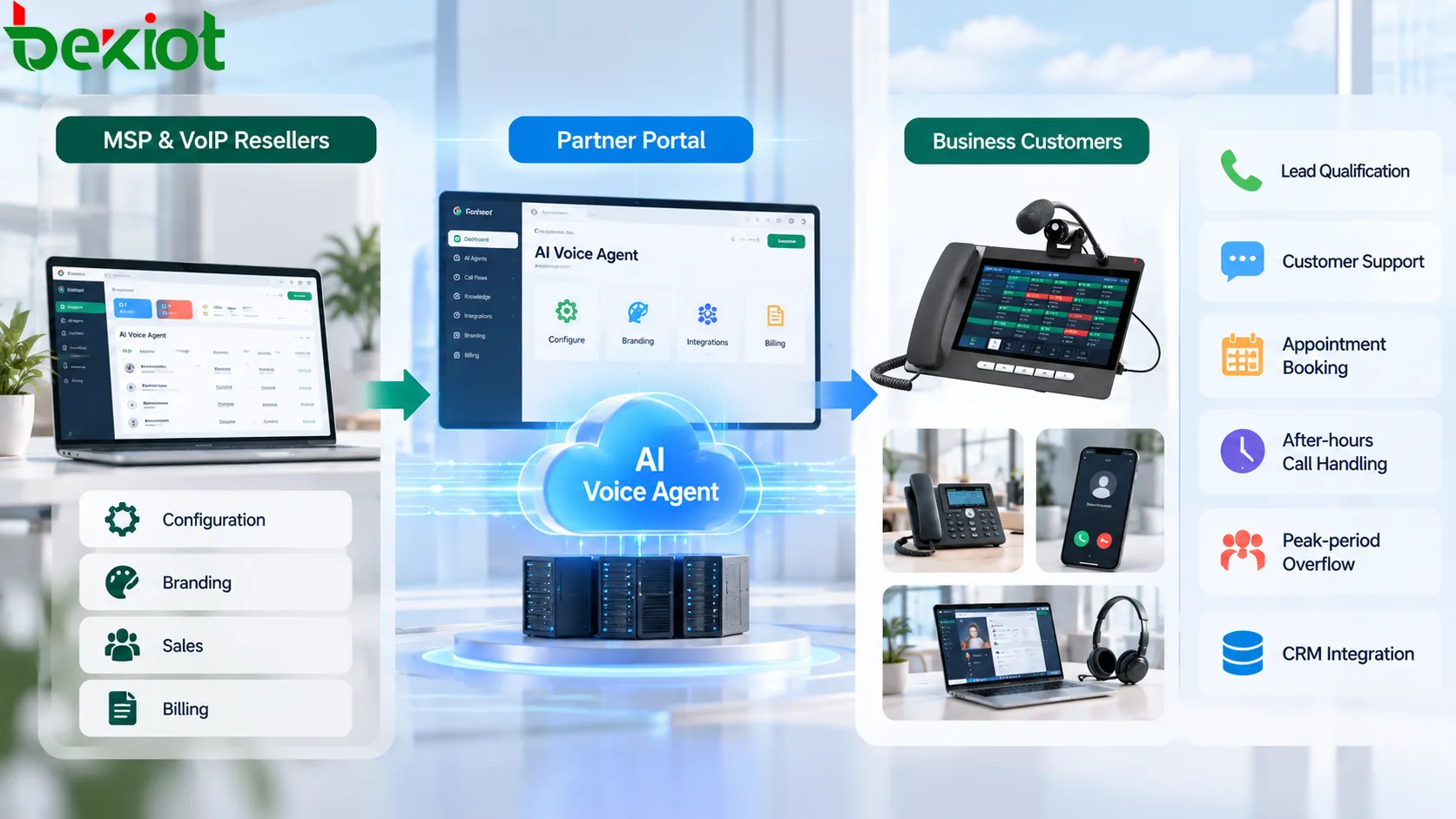 AI Agent de Voip Unlimited configuré, personnalisé et facturé par les MSP et les revendeurs VoIP via le Partner Portal, puis fourni aux entreprises comme service vocal IA