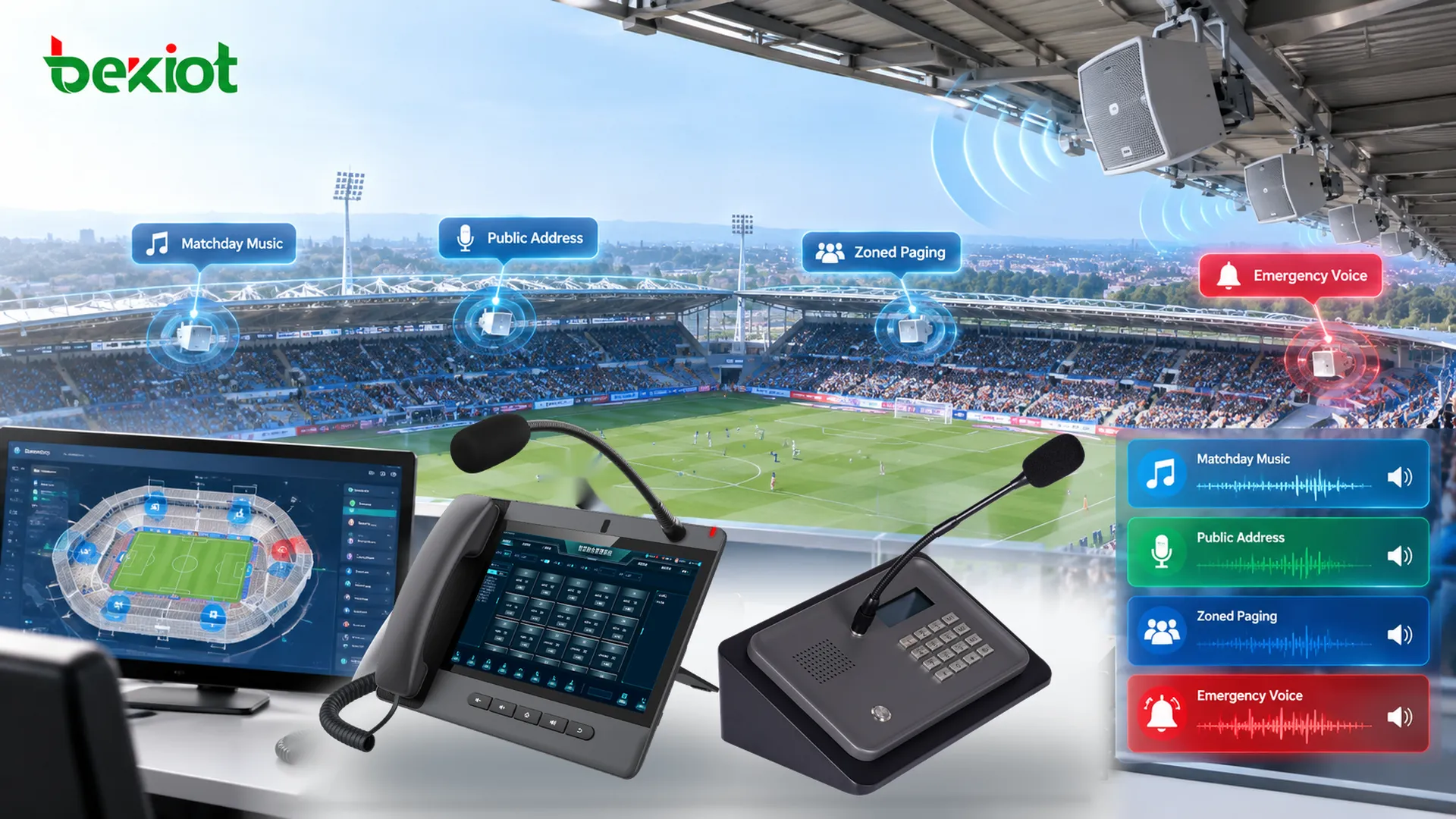 Nouveau système de sonorisation et d'alarme vocale du stade de Chesterfield FC, avec des haut-parleurs résistants aux intempéries couvrant quatre tribunes pour la musique, les annonces, les messages par zone et les alertes vocales d'urgence