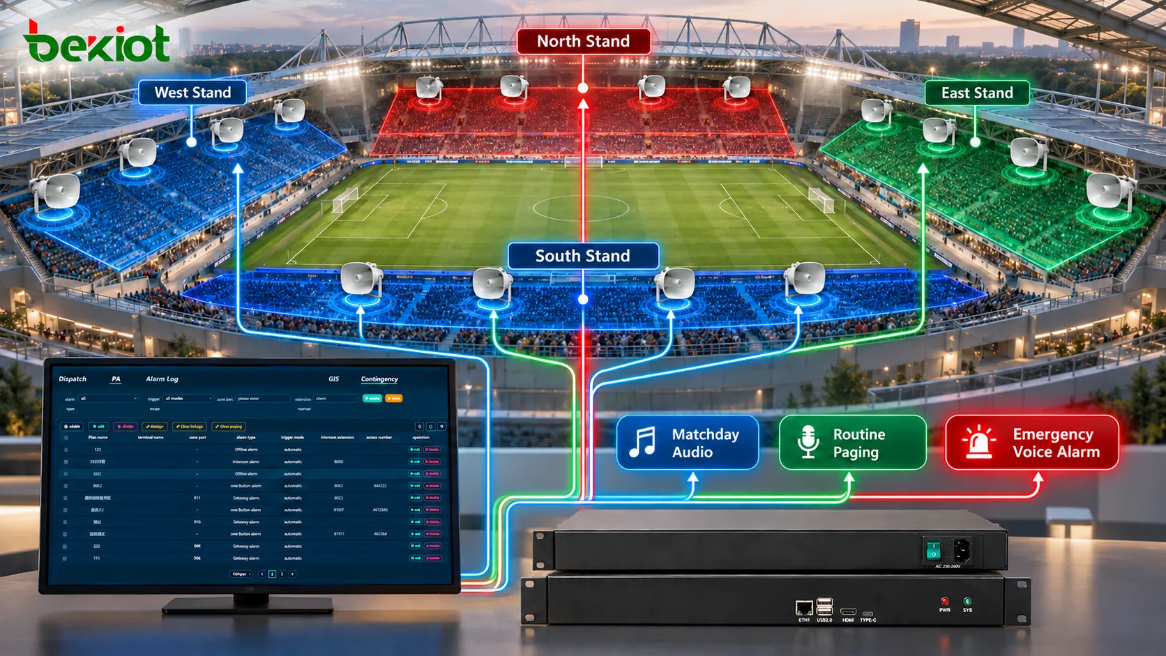 Système PAVA de stade séparant les tribunes Est, Ouest, Nord et Sud en zones de diffusion indépendantes pour l'audio des matchs, les annonces courantes et les alarmes vocales d'urgence prioritaires