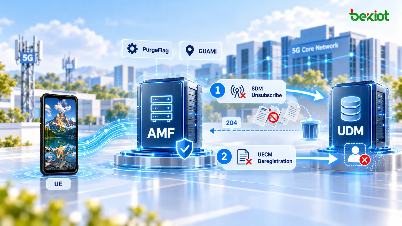 La purge de l’AMF dans la 5GC supprime les Subscriber Data, le MM Context, l’abonnement SDM de l’UDM et l’enregistrement UECM pour éviter la conservation d’un contexte UE obsolète