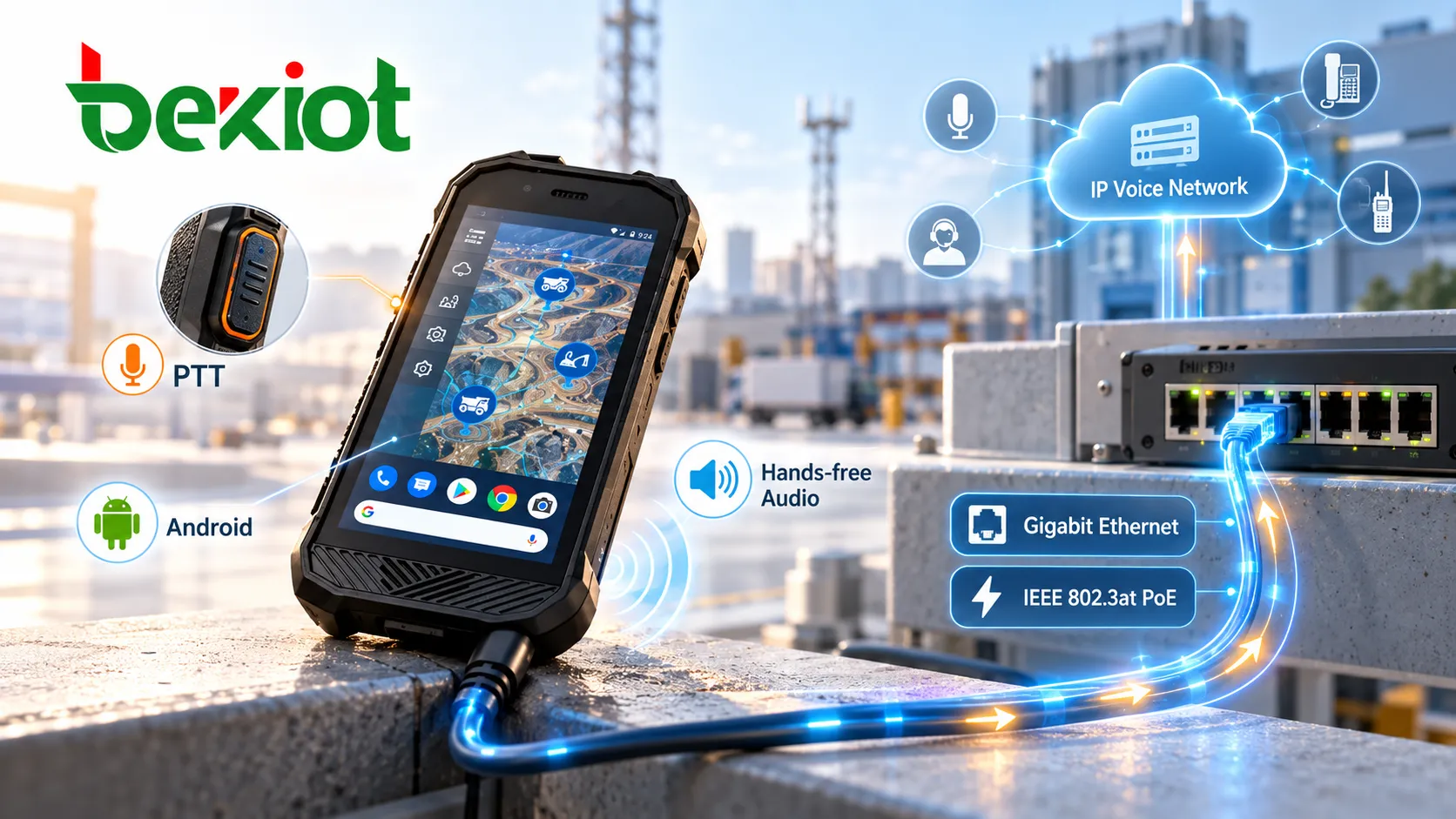 SVA 500 connecté à un réseau voix sur IP par Ethernet Gigabit et PoE IEEE 802.3at, avec bouton PTT physique, logiciel Android et audio mains libres pour les communications de terrain