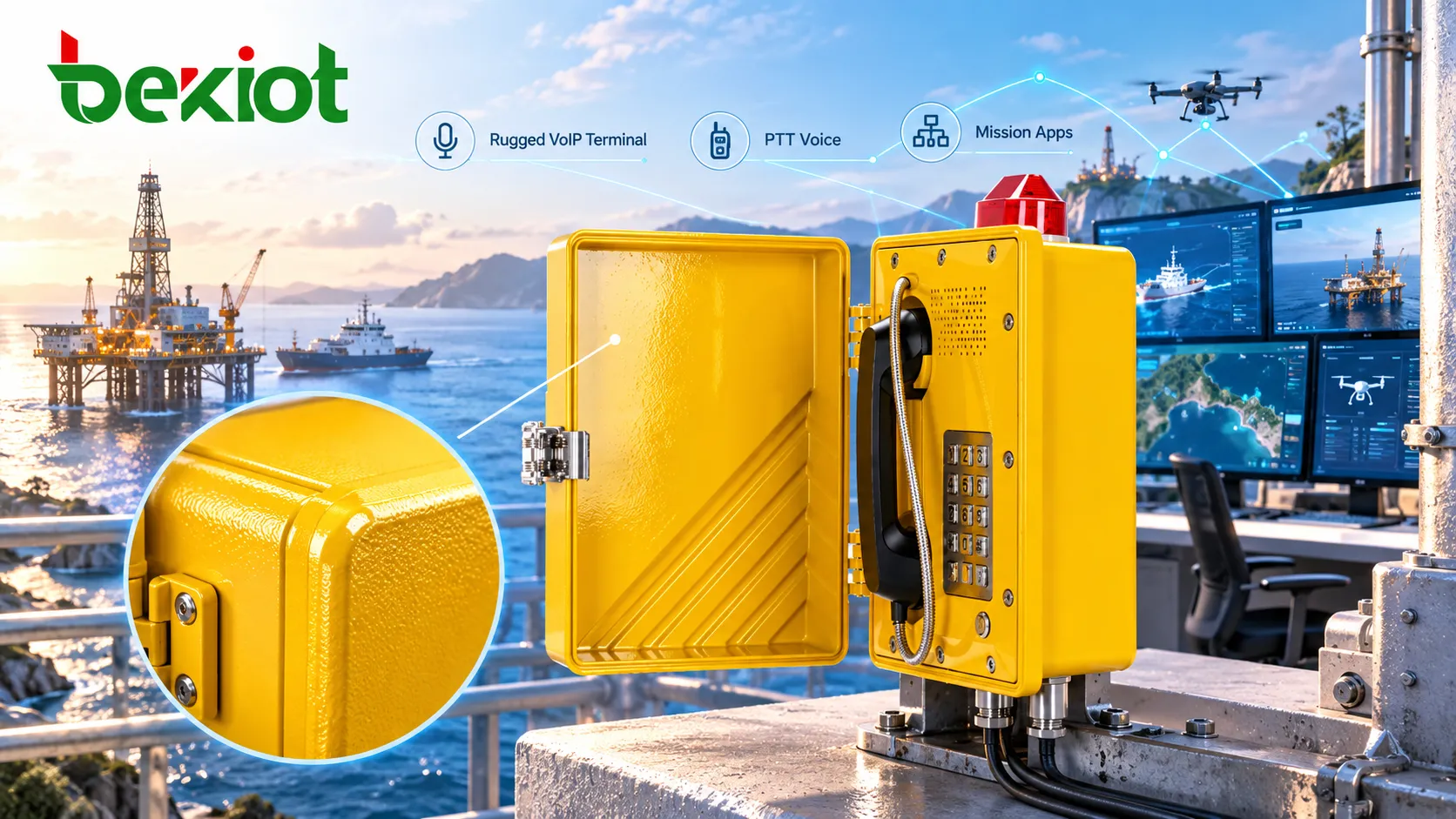Terminal de communication VoIP durci déployé dans des postes de contrôle éloignés, sur des plateformes maritimes et dans des stations terrestres de contrôle de systèmes sans pilote, avec réseau IP filaire pour la voix PTT et les applications de mission