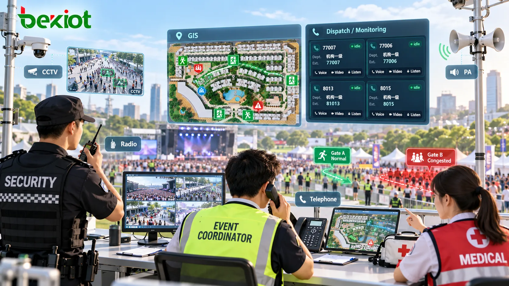 Centre de commandement d’un rassemblement utilisant CCTV, cartographie SIG, radio, téléphonie et sonorisation pour suivre en temps réel la densité de foule, l’état des sorties et le déploiement du personnel de sécurité, médical et opérationnel