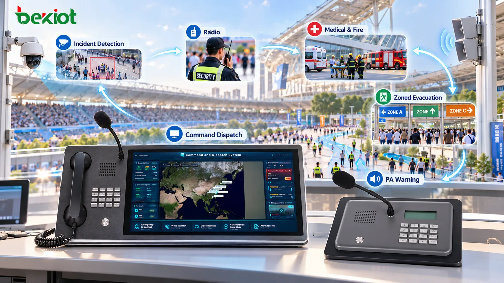 Architecture de communication d’urgence pour grands rassemblements intégrant détection, alertes PA, commandement, radio de terrain, évacuation par zones et coordination des ressources médicales et incendie