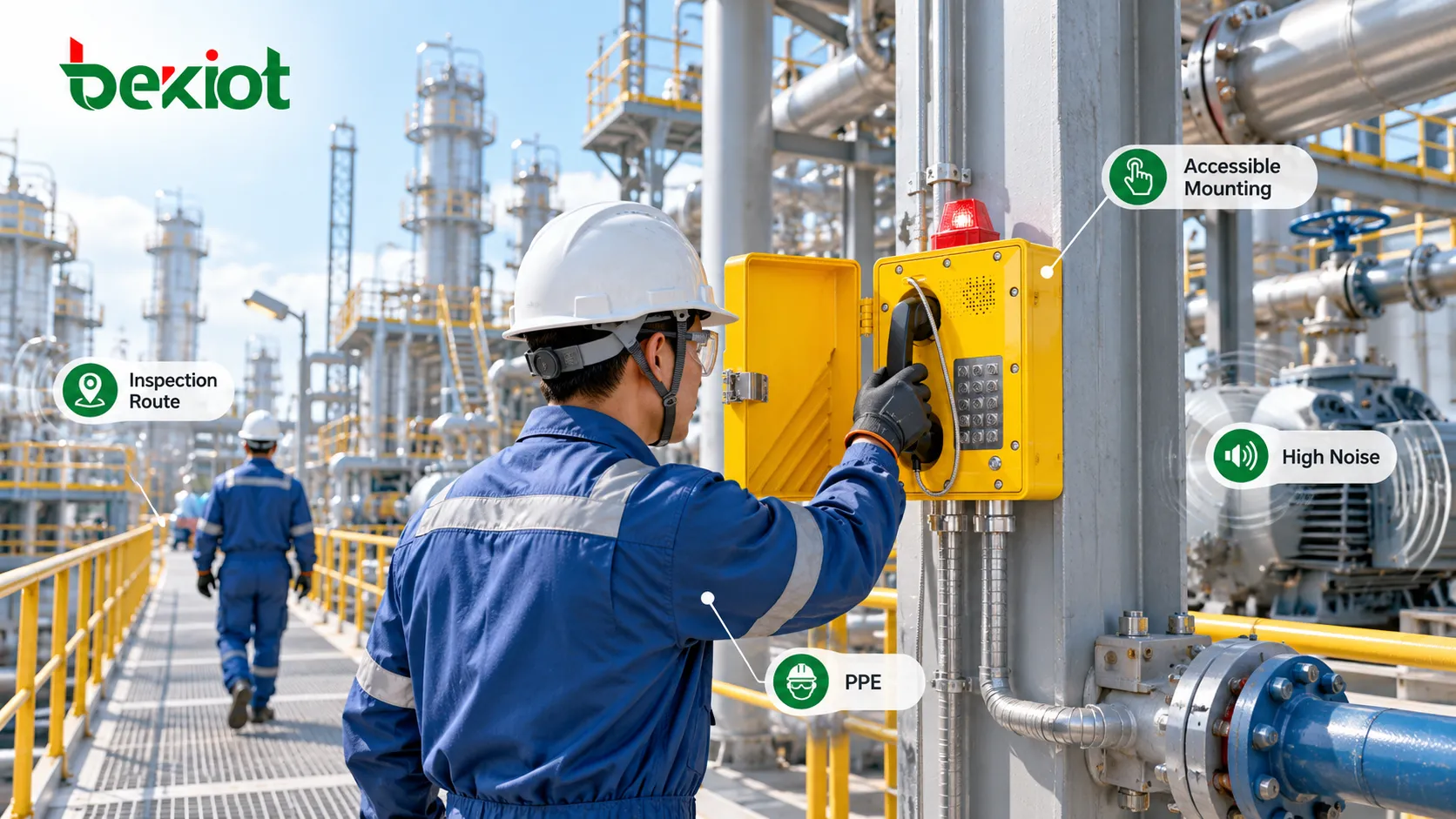Installation d'un téléphone antidéflagrant en zone chimique dangereuse : parcours d'inspection, hauteur d'utilisation, EPI, bruit élevé et accessibilité en urgence