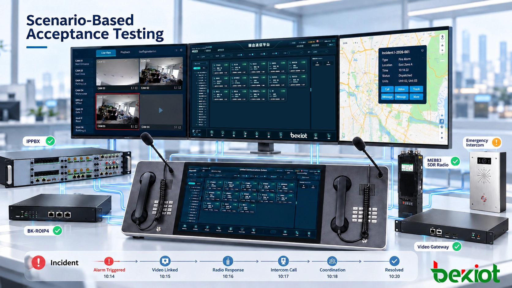 Test de recette du fournisseur CAD montrant la chronologie de l’incident, les positions des ressources dans le SIG, les affectations des opérateurs et l’état des interfaces lors d’une panne de communication simulée